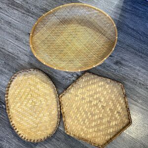 Vtg Lot 3 Rattan Bamboo MCM  Woven BOHO Tiki Bar Wicker Trays Basket